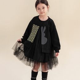 2024 Spring Big Girls Lace Tule Vestidos de tul para niños Vestidos de manga larga impresa