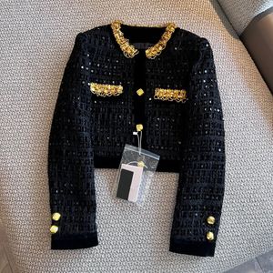 2024 Lente Zwarte Contrasterende Kleur Parels Strass Geweven Tweed Jas Lange Mouw Ronde Hals Pailletten Single-Breasted Uitloper Jassen Z3D121283