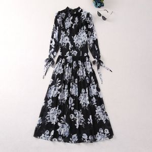 Robe longue noire à imprimé Floral, avec nœud papillon, manches longues, col montant, Maxi, décontractée, printemps 2024, A4J121440