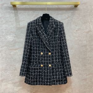 2024 Lente Zwarte Geruite Tweed Blazers Met Lange Mouwen Notched Revers Pailletten Double-Breasted Uitloper Jassen Q3D121320