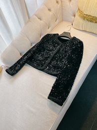 Veste à panneaux de couleur unie, noir, manches longues, col rond, paillettes, classique, manteau court, vêtements d'extérieur, printemps 2024, M3D183802