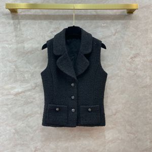2024 Spring Zwarte vaste kleur Panaledie Tweed kralen Vest Mouwloze ingekapte Lapel Dubbele zakken met één borsten met één borsten Q3D121321