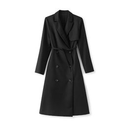 Robe ceinturée à la taille, couleur unie, noir, manches longues, col en v, boutons, Double boutonnage, robes décontractées, printemps 2024, W4M016112