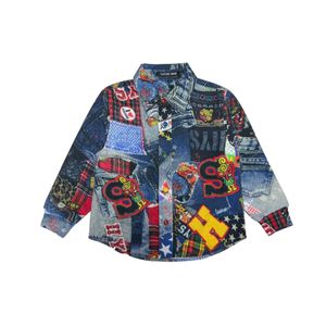 2024 Spring Boys Cartoon Shirt Kids Letter Patchwork Imitatie Denim Lange Mouw Shirt Kinderen All-matching Casual kleding Z6529