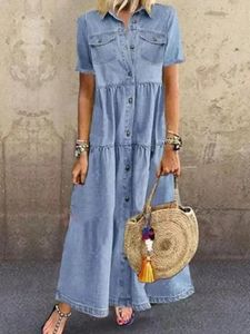 2024 Spring denim vrouwen kleden lange blauwe korte mouw elegante lange jurken vrouwelijke casual fashion vakantie strand dames kleding 240409