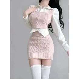 2024 Spring elegante traje de punto incluso ropa de fiesta Estilo coreano Set de vestido de 3 piezas Sweater Vest Mini falda 240402