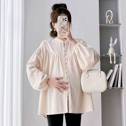 2024 Spring Fashion Maternity Tees Camisas de tamaño grande Botón de manga larga Fly Mujer embarazada Bodas de embarazo Tops L2405