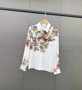 2024 Blusas de flores de primavera para mujer Camisas de manga larga de seda 100% blancas de diseñador para mujer