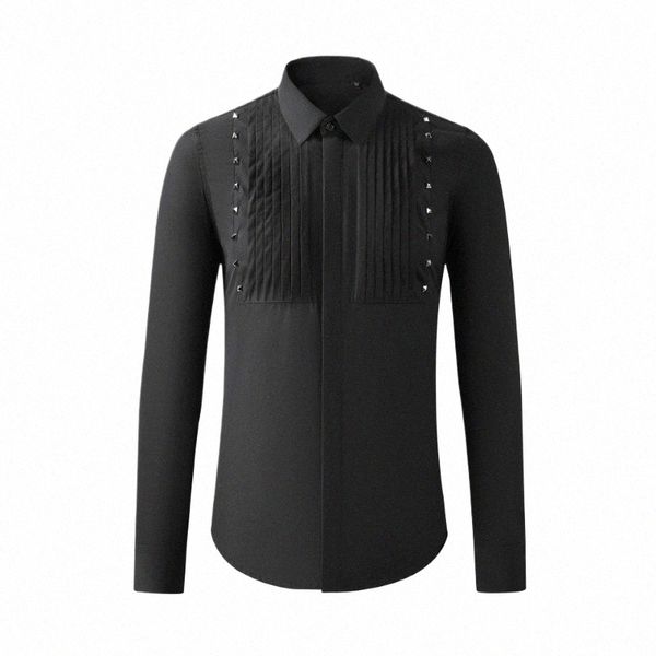 2024 Spring Fold Striped Liuding Decorati Shirts for Men Slim Fit Busin Dr Shirt Office Social Streetwear Blouse K3jy #