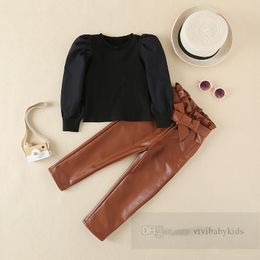 Ensemble de vêtements princesse pour filles, chemisier à manches bouffantes, ceinture avec nœuds, pantalon en cuir PU, 2 pièces, tenues pour enfants doux, printemps 2024, Z6473