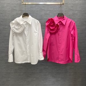 2024 Spring Handmade Roses Dames Blouses Designer Wit/roze katoen lange mouwen shirts 12152