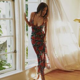 2024 Spring Instagram Fashion Nieuwe sexy v-neck elegantie veelzijdige slanke fit lang geprinte riemjurk voor vrouwen F51538