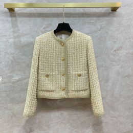 2024 Spring Khaki Couleur solide Jacket en tweed doré en forme de manche à manches longues doubles poches doubles vestes à poitrine monoteur