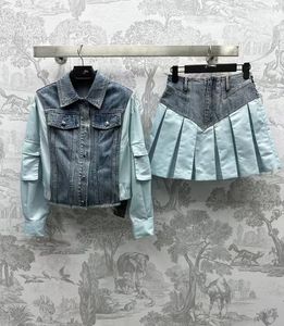 2024 Primavera solapa cuello azul Demin vestido de dos piezas de las mujeres diseñador botones individuales bolsillos Demin chaquetas y faldas conjunto 3069