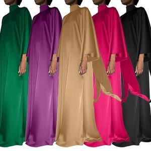 2024 Spring moslim Volle mouw damesjurk met hoge nek losse swing Midden-Oosterse satijnen lange jurken geschikt 240415
