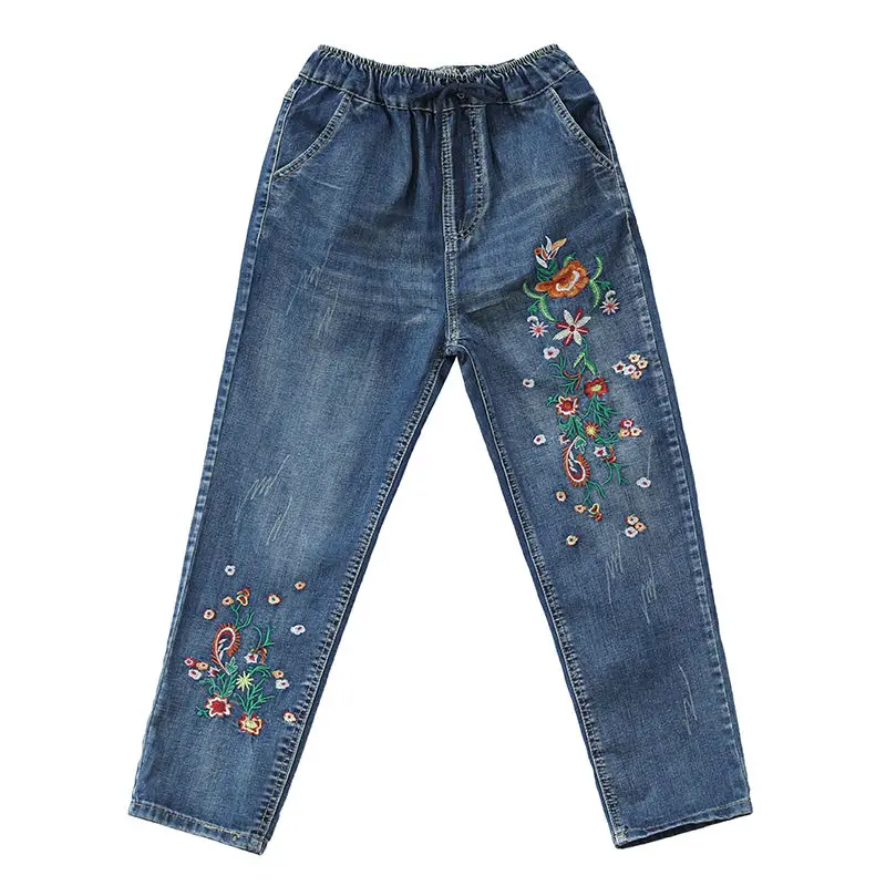 2024 Primavera New Bordado Jeans Jeans Clothas Elastic Streetwear Loose Jeans Jeans Vintage High Wistide Mom Jeans Q5759