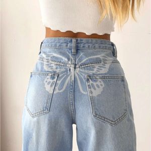 2024 lente nieuwe hoge taille vlinderprint rechte pijp casual jeans damesstraatbroek