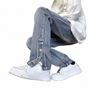 2024 Primavera New Streetwear Hombres Slim Fit Vintage Blue Skinny Jeans Coreano Fi Side-breasted Slit Hole Denim Pantalones Masculino v3Ho #