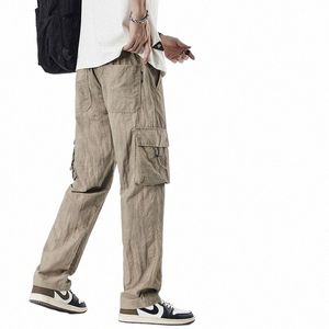 2024 Printemps Nouveau Style Coréen Fi Hommes Baggy Kaki Pantalon Cargo Cott Style Extérieur Cordon Pantalon Droit Mâle C6GP #