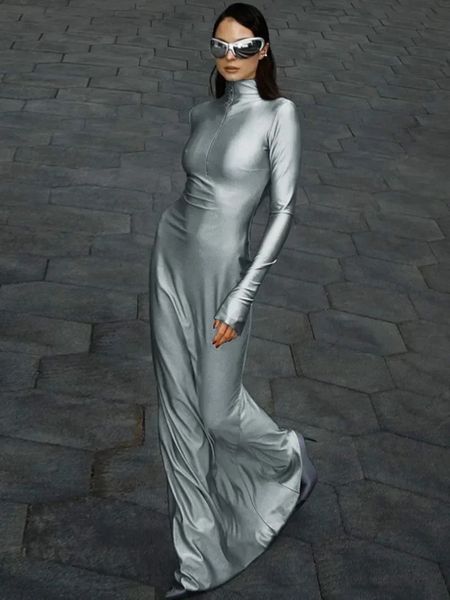 Robe longue gris uni avec fermeture éclair, Sexy, élégante, de rue, coupe cintrée, pour soirée, boîte de nuit, nouvelle collection printemps 2024, 240108