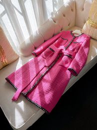 2024 Primavera Rosa Color de contraste Con cinturón Tweed Mezclas de lana Outwear Abrigo Manga larga Cuello redondo Bolsillos dobles Abrigos largos de un solo pecho J3D181426