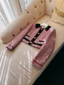 2024 Lente Roze Tweed Jas Met Contrasterende Kleur Panelen Met Lange Mouwen Revers Hals Single-Breasted Jassen Jas Korte Uitloper J3D181508