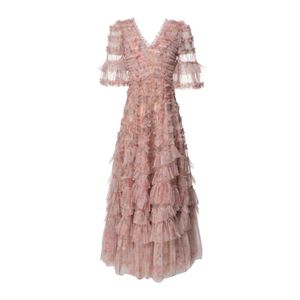 2024 Spring roze vaste kleurpanel jurk met korte mouwen V-hals tule lange maxi casual jurken A4J191359