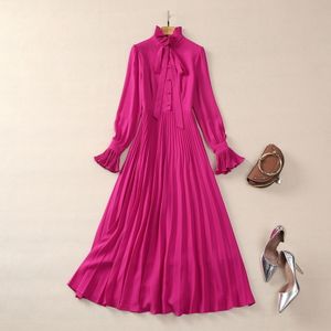 Robe longue plissée avec nœud papillon et ruban, couleur unie, rose, col montant, robes décontractées, printemps 2024, S3D121207