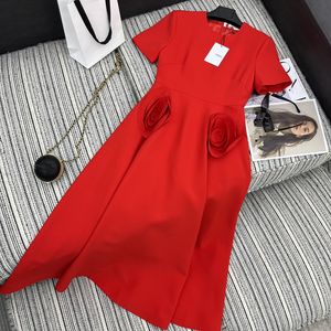 2024 printemps rouge/noir O cou manches courtes femmes robe concepteur solide fleurs longue robe de soirée Hiliday robe 202102