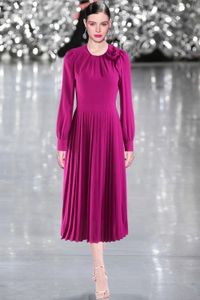 2024 Primavera Verano arco plisado vestido de mujer cuello redondo cremallera manga larga Mujer Casual vestidos largos AS026