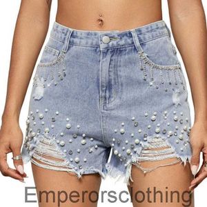 2024 lente/zomer gebroken ketting kralen hoge taille denim shorts dames hot pants