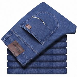 2024 Lente Zomer Klassieke Pocket Mannen Fit Rechte Dunne Jeans Cott Elastische Midden Taille Busin Casual Lichtgewicht Broek N5Bp #