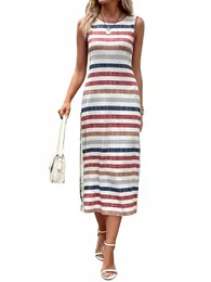 2024 Printemps / Été Cross Border Europe et Amérique WISH AliExpr Nouveau Sleevel Stripe Casual Split Dr pour les femmes d9OE #