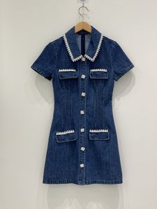 2024 Lente/zomer denimblauw gewassen denim jurk met ronde hals en korte mouwen, korte rok