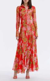 2024 Primavera Verano estampado Floral vestido de mujer cuello de solapa cremallera de manga larga vestidos largos casuales de mujer AS013