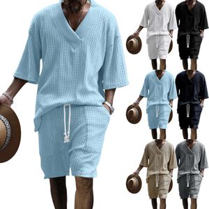 2024 Printemps / été Nouveau décontracté décontracté 7/4 Sleeve Jacquard Knitwear Top Shorts Men's Set M513 65
