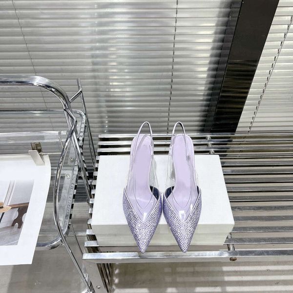 2024 printemps / été Nouveau diamant chaud transparent transparent arrière arrière ceinture mince chaussures talons hauts baotou tempérament sandales violettes