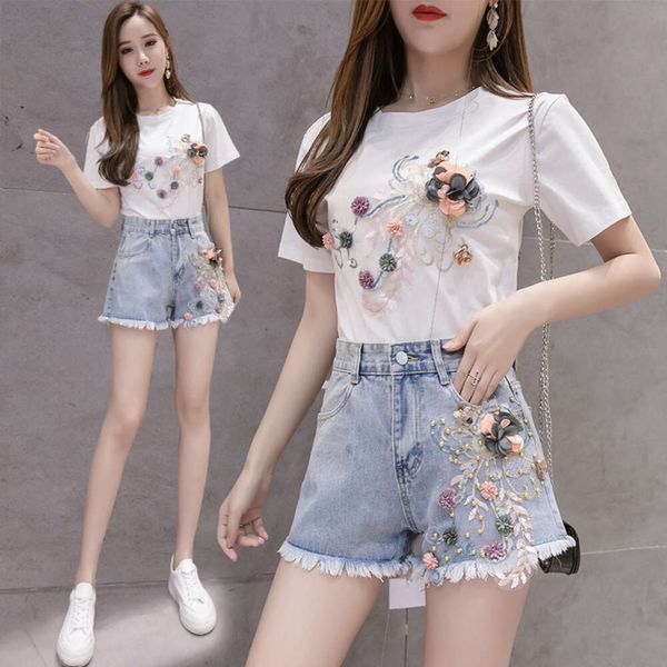2024 Primavera/novedad de verano Edición coreana pantalones vaqueros innovadores moda versátil 3D bordado flor pantalones cortos de mezclilla de cintura alta para mujeres