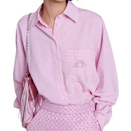 2024 Lente/Zomer Nieuwe Maje Designer Bloem Borduuroverhemd Revers Knoop Lazy French Lange mouwen Dames Top Roze Gestreept Veelzijdig Overhemd