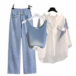 2024 printemps / été nouvel ensemble assorti chemise de protection solaire à rayures décontractées pour femmes + gilet + jean trois pièces coréen élégant pantalon en denim ensemble g0XE #