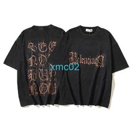 2024 Camiseta de primavera/verano Nueva camiseta santa gótica sánscrita estampada sánscrito lavado vintage mangas cortas
