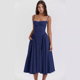 2024 lente/zomer nieuwe dames solide kleur schouderbanden Franse retro jurk mouwloze lange jurk 240509