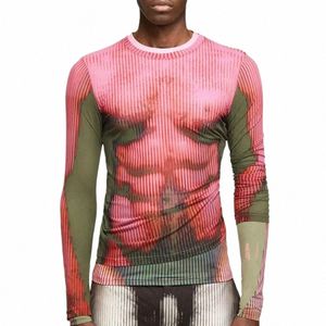 2024 Printemps Eté Motif Impression Hommes Lg Manches Slim Fit T-shirts Col rond Hauts Pull Homme Streetwear Casual T-shirt 05NT #