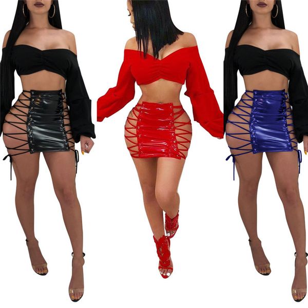 2024 Primavera Verano Sexy PU falda de cuero mujeres cruzadas con cordones faldas de tubo divididas Mini vestido