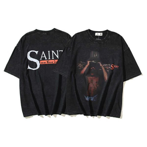 Camiseta de manga corta Vintage para primavera/verano, camiseta de Hip Hop americano con pintura al óleo religiosa de Saint, 2024