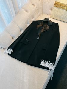 2024 primavera branco/preto cor sólida frisado blazers manga longa entalhado-lapela strass único breasted outwear casacos d3n233186