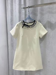 2024 Lente Witte O Hals Kristal Korte Mouwen Vrouwen Designer High End Womens Runway Jurk Vestidos De Festa 3207