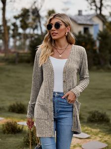 2024 Primavera para mujer Suéteres Cardigan Manga larga Botón frontal abierto Abajo Cuello en V Punto acanalado Ropa de abrigo ligera con bolsillo BK24006