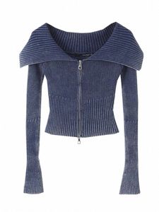 2024 Printemps Y2K Tricoté Femmes Cardigan Pull Poignet Manches Slim Col Rabattu Double Fermetures À Glissière Femme Haut Court C-192 A8VY #