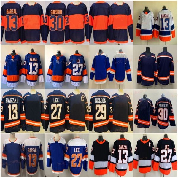 Maillots de hockey de la série Stadium 2024 13 Mathew Barzal 27 Anders Lee 29 Brock Nelson 30 Ilya Sorokin Accueil Chemises cousues bleues Reverse Retro 2.0